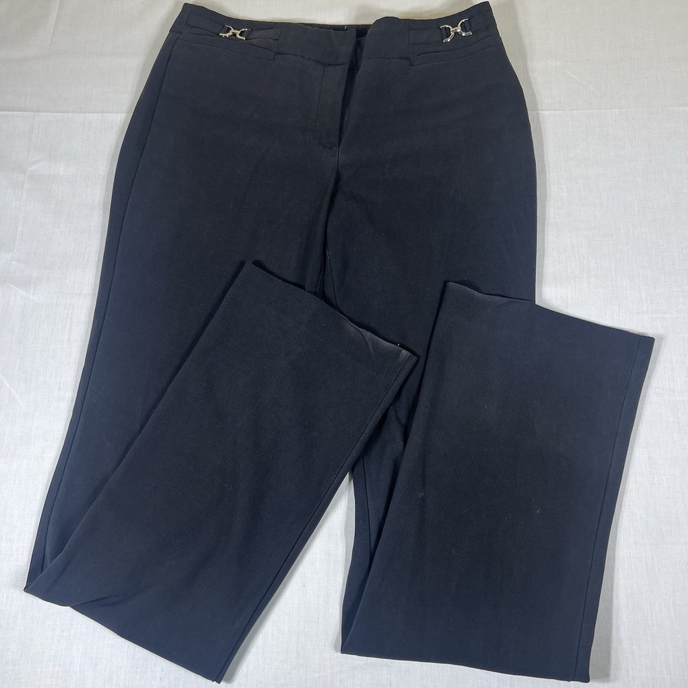 Womens Dress Pants Black Career Slacks Straight Leg Metal Buckle 31x32